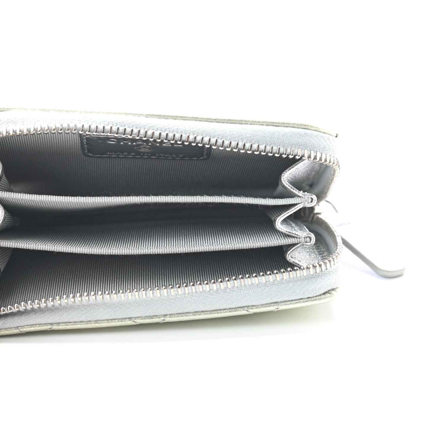 Gradient Metallic Calfskin Quilted Zip Around Coin Purse Wallet Silver Blue Yellow Purple