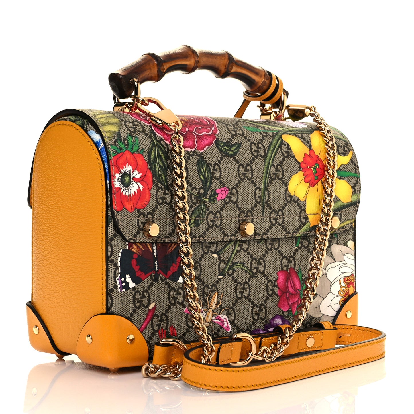 GG Supreme Monogram Flora Small Padlock Bamboo Shoulder Bag Beige Multicolor Crop