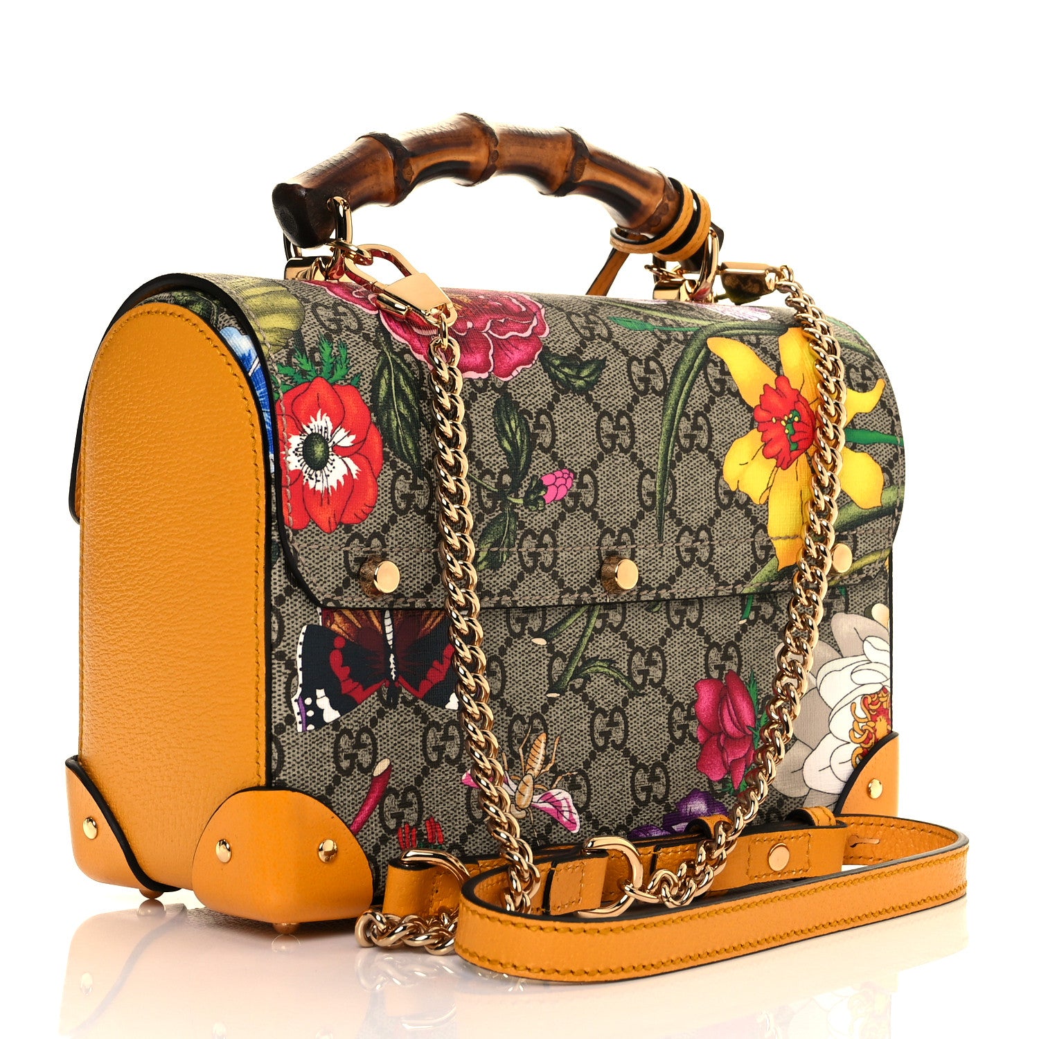 Gucci GG Supreme Monogram Flora Small Padlock Bamboo Shoulder Bag Beige Multicolor Crop 3 of 9