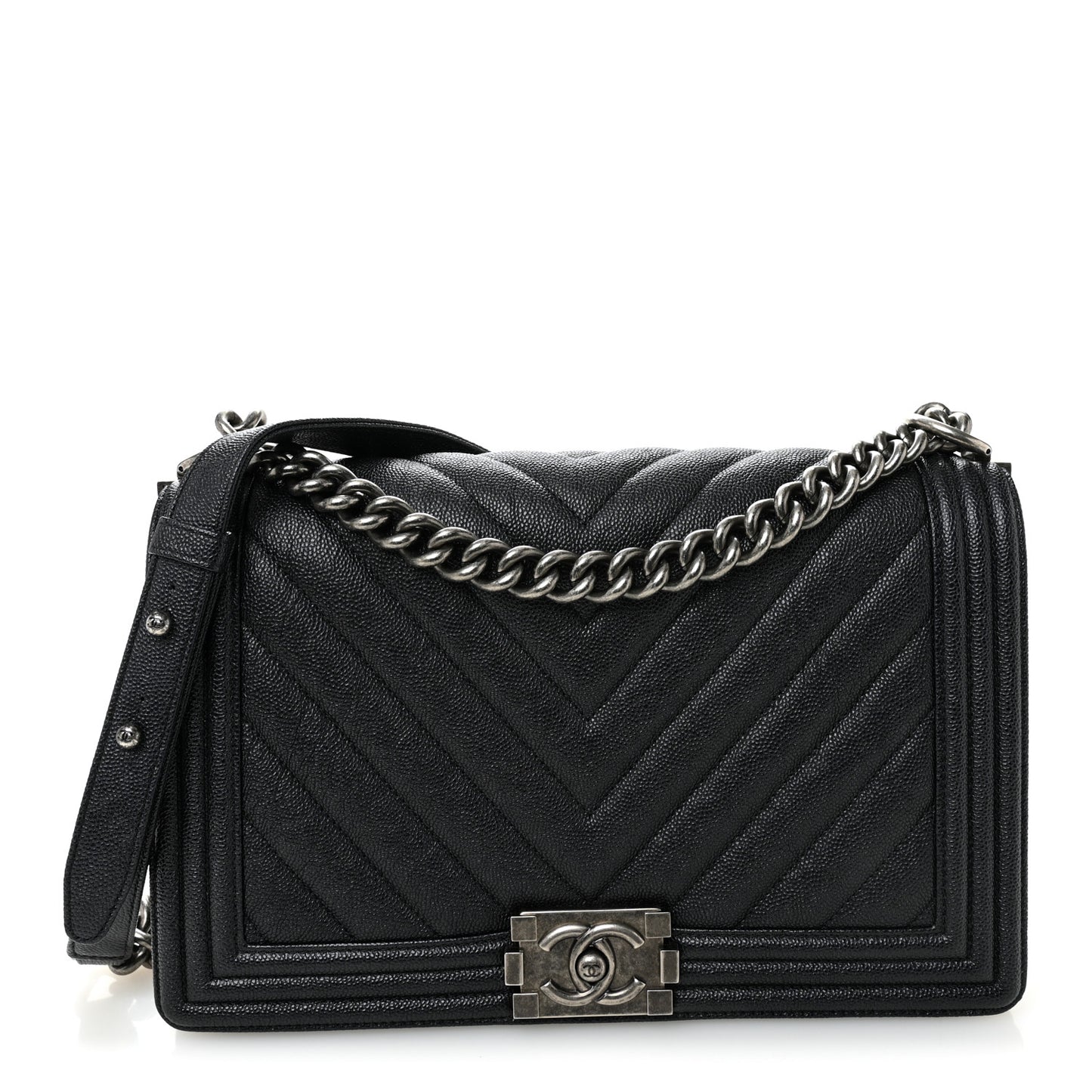 Caviar Chevron Quilted New Medium Boy Flap Dark Navy Blue