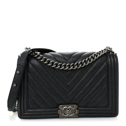Chanel Caviar Chevron Quilted New Medium Boy Flap Dark Navy Blue 1 of 10