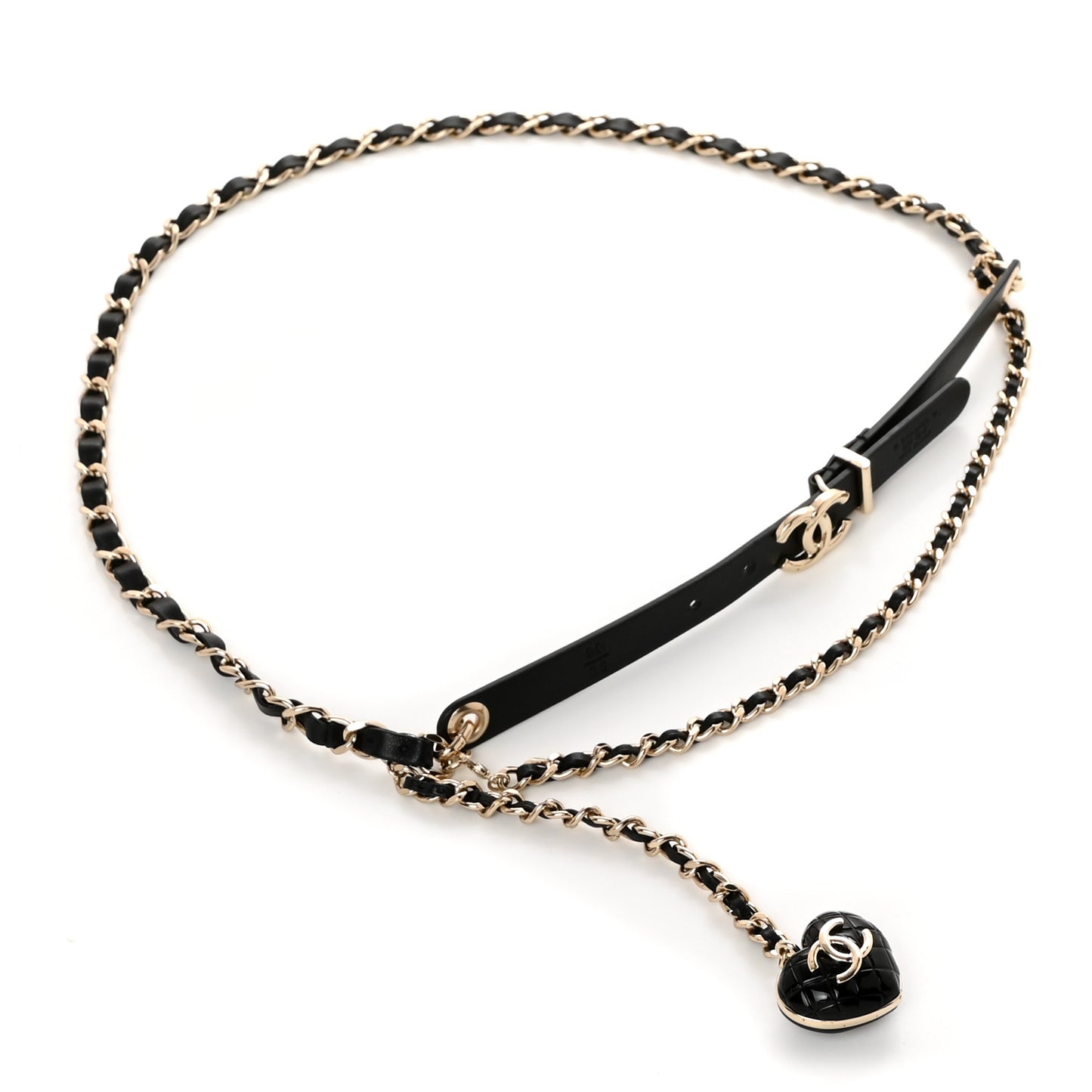 Lambskin Metal Resin CC Heart Chain Belt 90 36 Black Gold