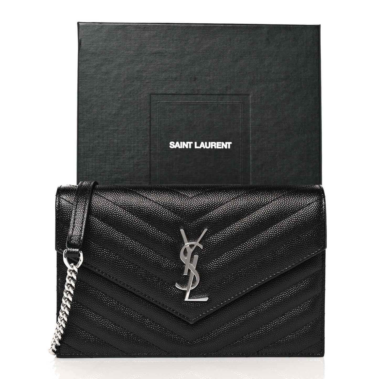 Grain De Poudre Matelasse Chevron Monogram Envelope Chain Wallet Black