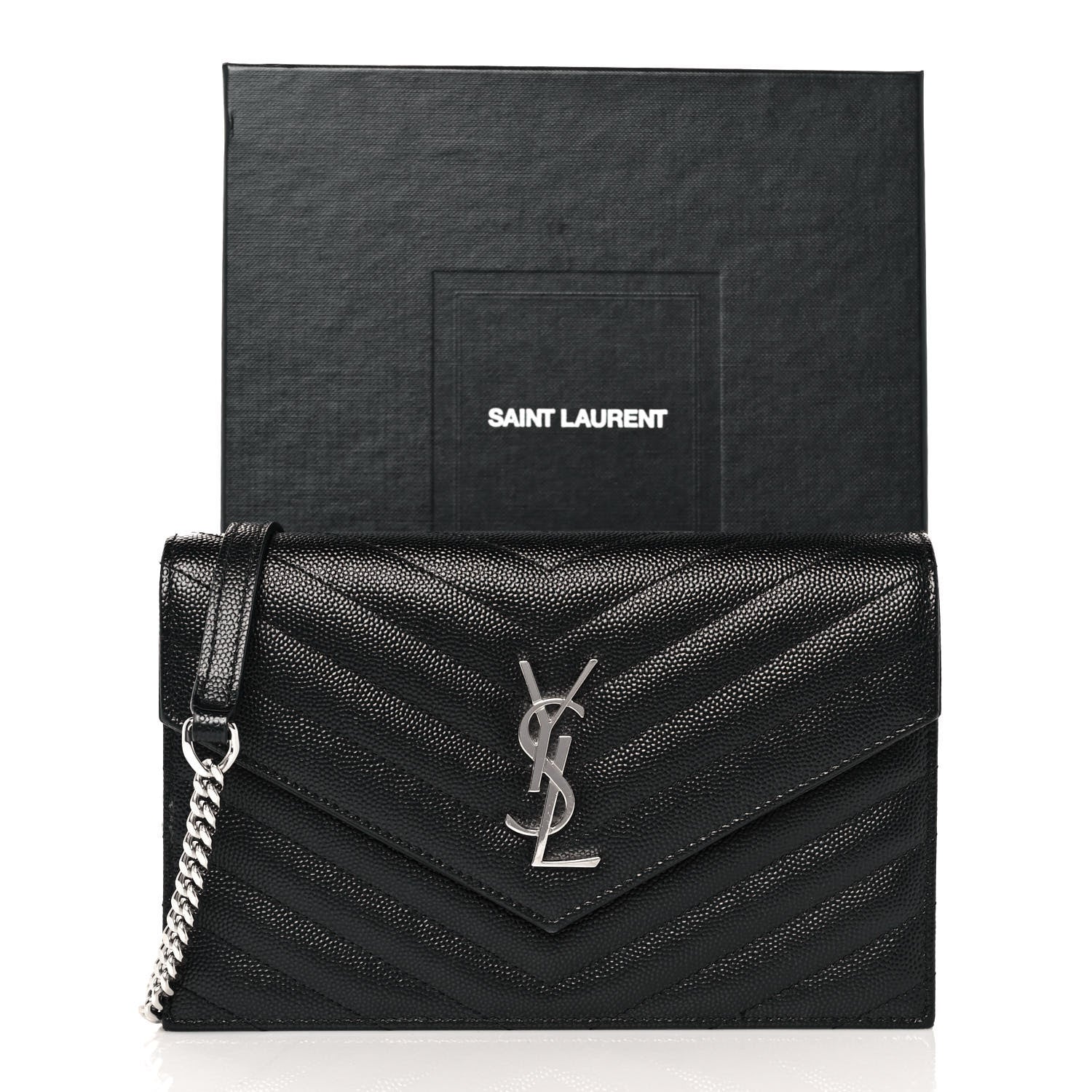 Saint Laurent Grain De Poudre Matelasse Chevron Monogram Envelope Chain Wallet Black 9 of 9
