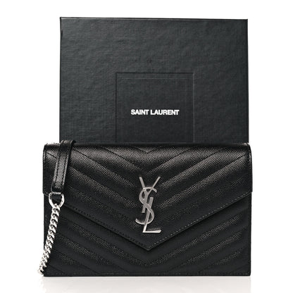 Saint Laurent Grain De Poudre Matelasse Chevron Monogram Envelope Chain Wallet Black 9 of 9