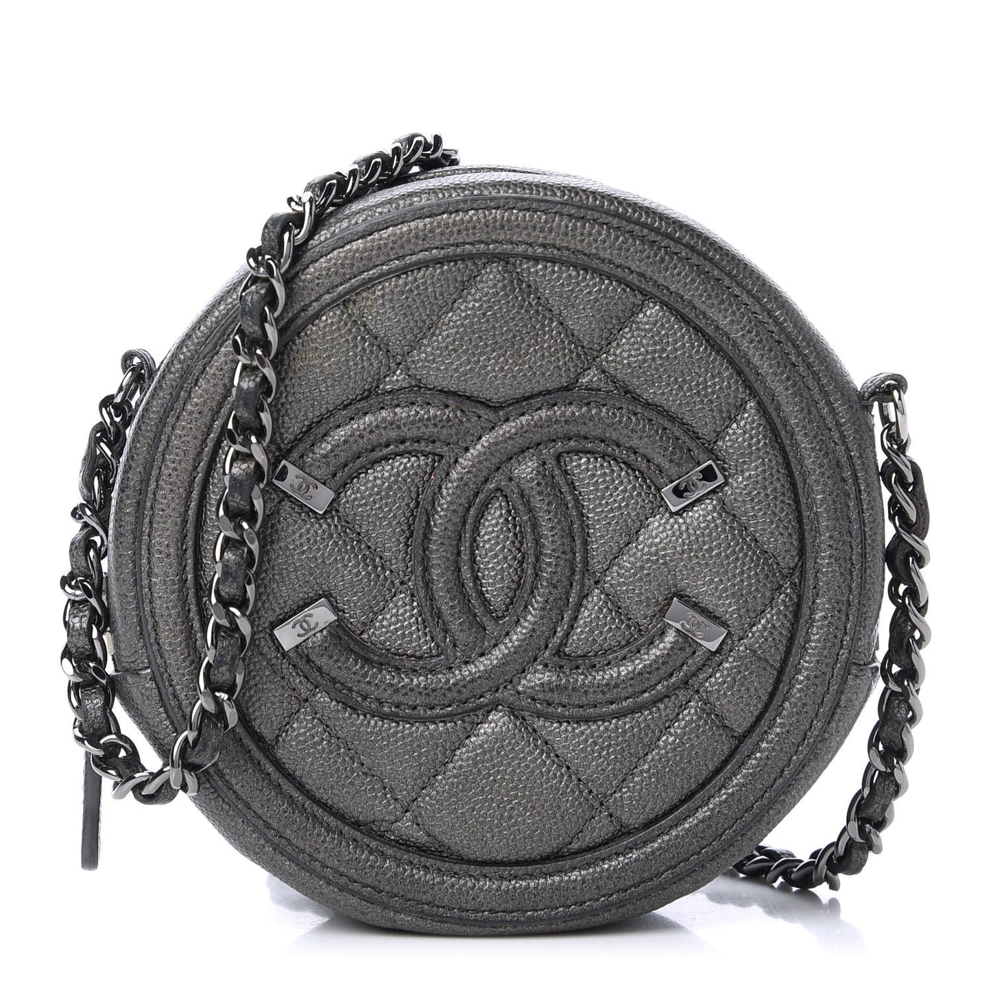 Metallic Caviar Quilted Round Filigree Crossbody Ruthenium
