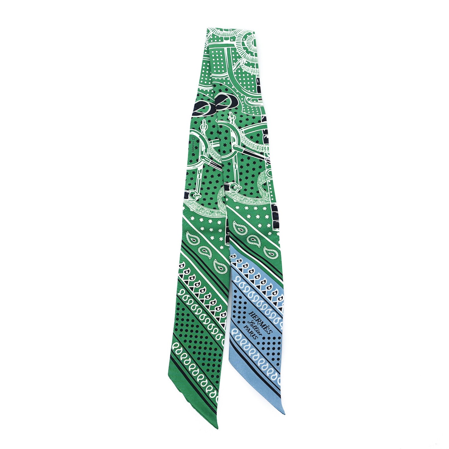 Hermes Silk Eperon d'Or Bandana Twilly Vert Bleu Jean White 2 of 3