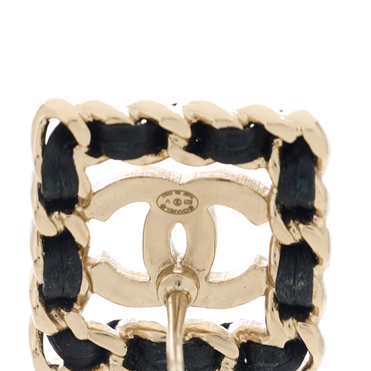 Crystal Lambskin Chain Sergeant Chanel Stud Earrings Black Gold