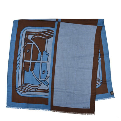Hermes Cashmere Silk H Quadrige II Stole Bleu Chine Marron 2 of 5