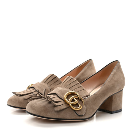 Gucci Kid Scamosciato GG Marmont Fringe 50mm Loafer Pumps 38 Taupe 3 of 9