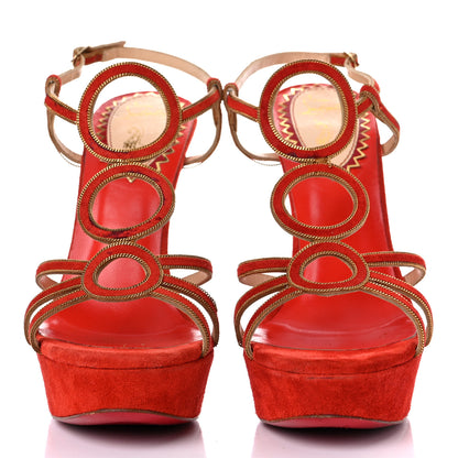 Christian Louboutin Veau Velours 20 Ans Chain Troisronds 140 Sandals 36.5 Mandarin Red Gold 2 of 25