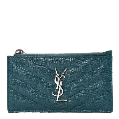 Saint Laurent Grain De Poudre Matelasse Chevron Monogram Fragments Zippered Card Case Petrol Green 1 of 4
