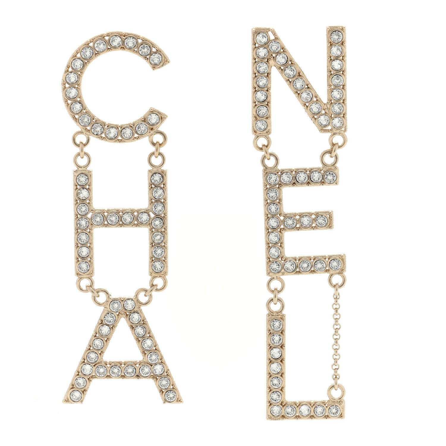 Chanel Crystal Cha-Nel Logo Drop Earrings Gold 1 of 4