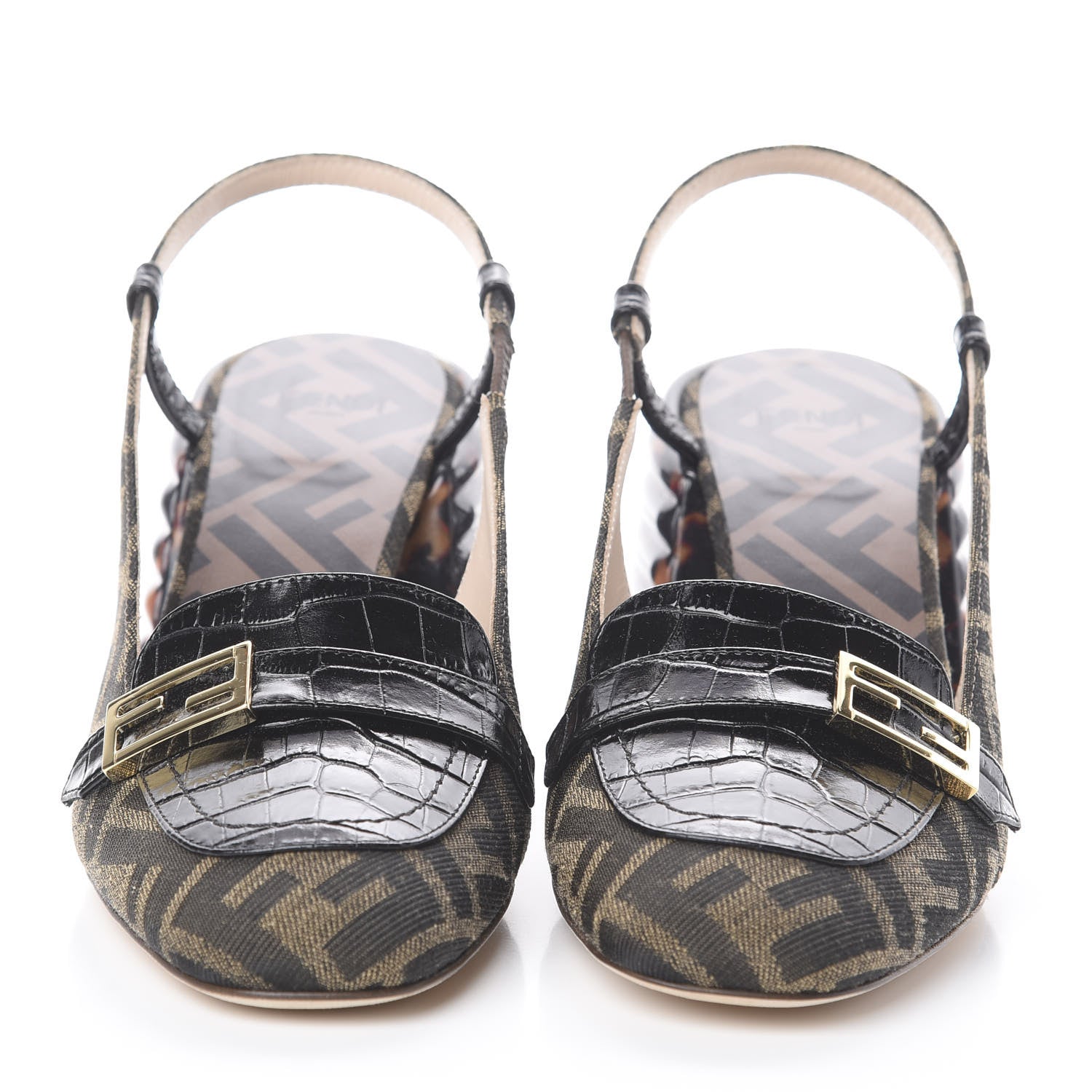 Fendi Jacquard Calfskin FF Tortoise Promenade Slingback Loafer Pumps 37 Tobacco 3 of 7