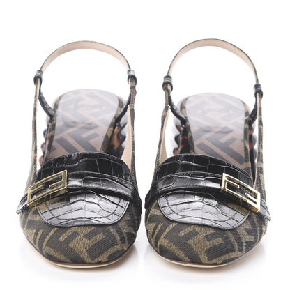 Fendi Jacquard Calfskin FF Tortoise Promenade Slingback Loafer Pumps 37 Tobacco 3 of 7