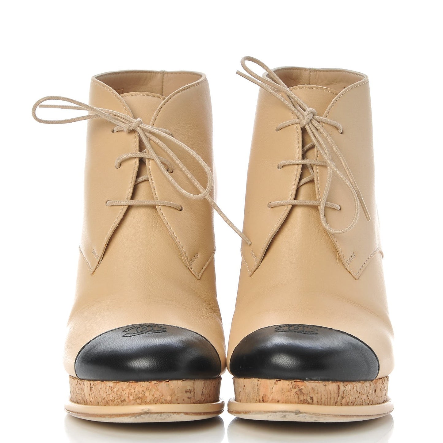 Lambskin Cork Cap Toe CC Lacets Booties 40 Beige Black