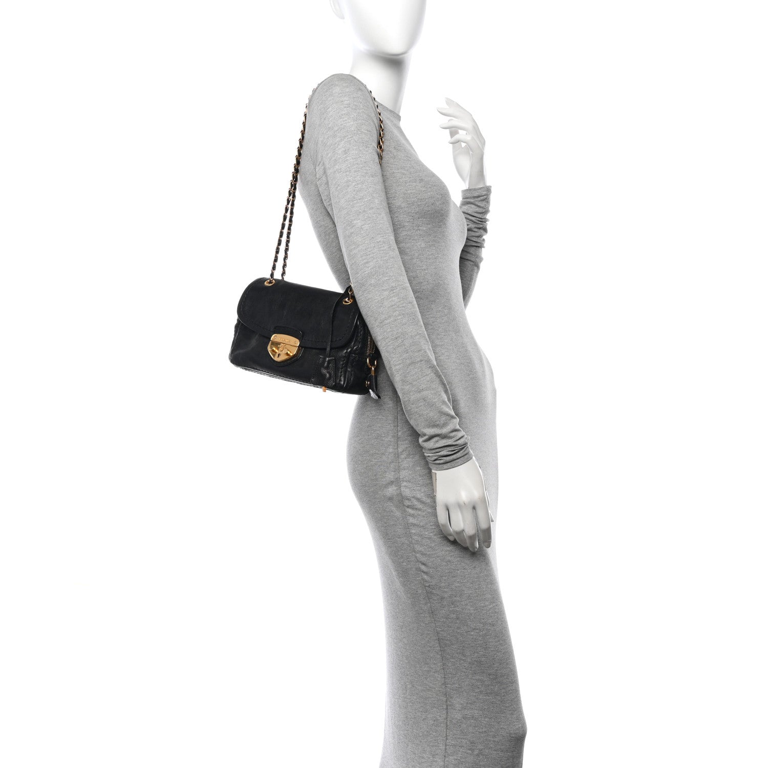 Prada Glace Calf Pushlock Chain Shoulder Bag Black 2 of 12