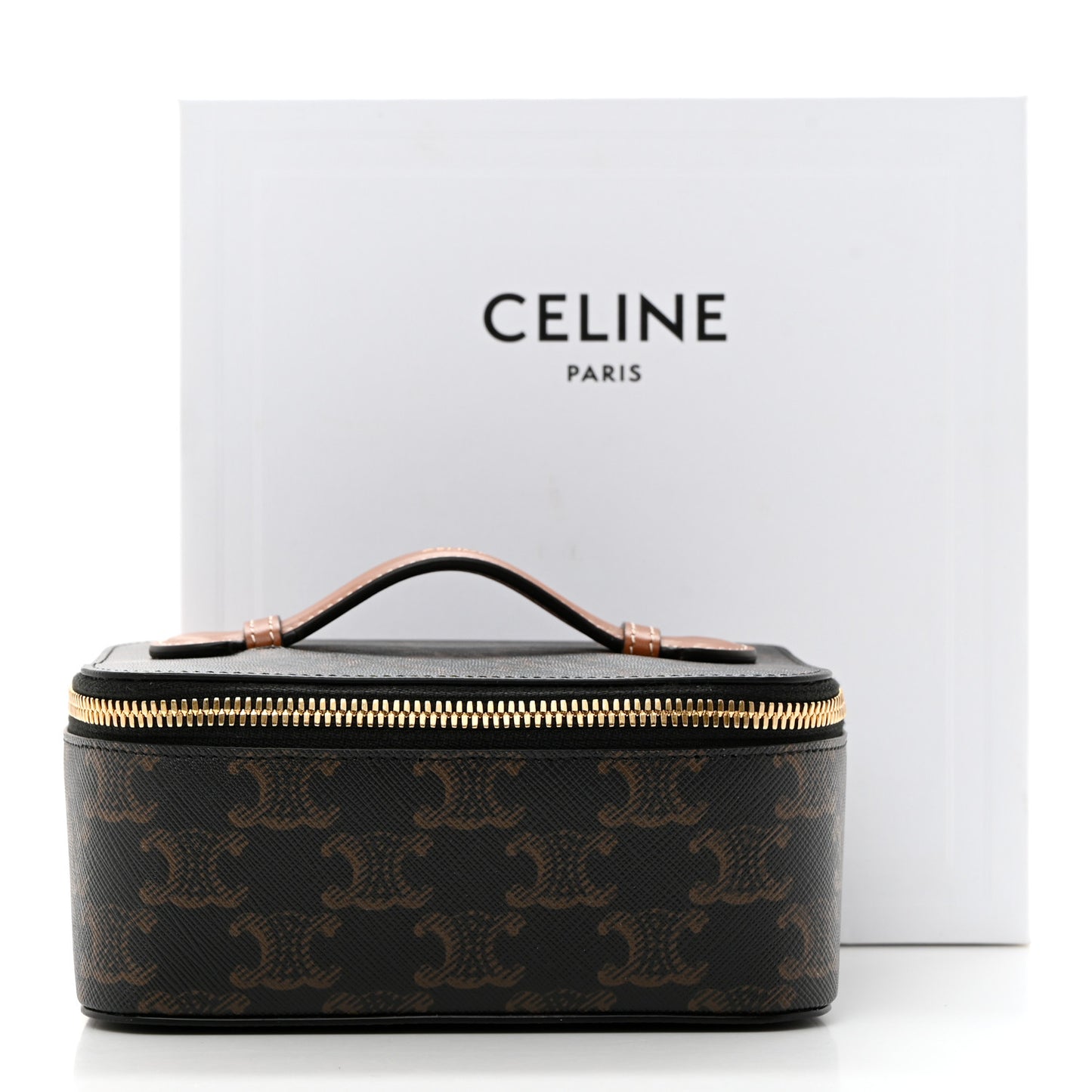 Triomphe Canvas Calfskin Small Top Handle Toiletry Case Tan