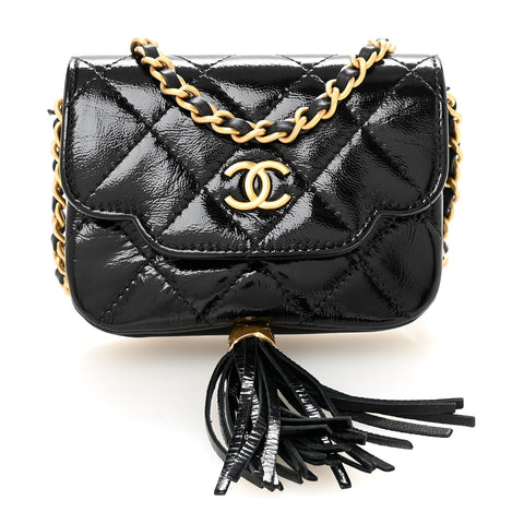 Crumpled Patent Lambskin Quilted Tassel Clutch With Chain Black