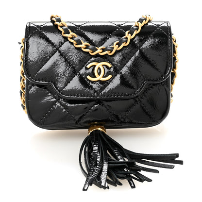 Chanel Crumpled Patent Lambskin Quilted Tassel Clutch With Chain Black 1 of 11