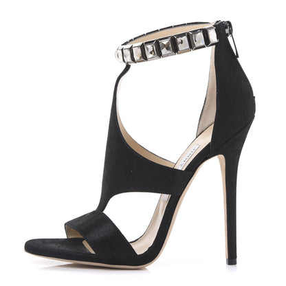 Jimmy Choo Shimmer Suede Crystal Halo 120 Sandal 38 Black 1 of 8