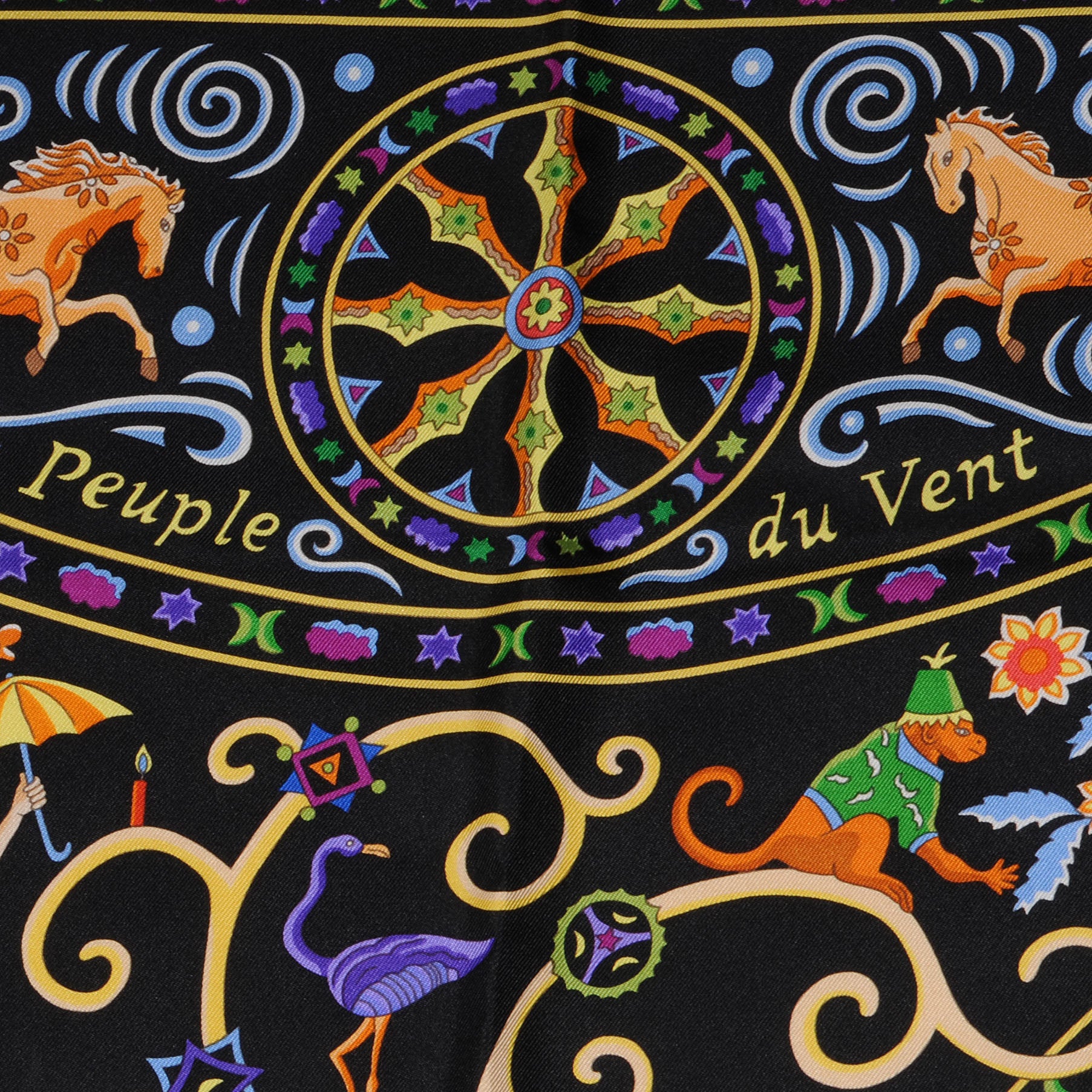 Hermes Silk Peuple Du Vent Scarf 90 Noir Vert Vif Violet 4 of 5