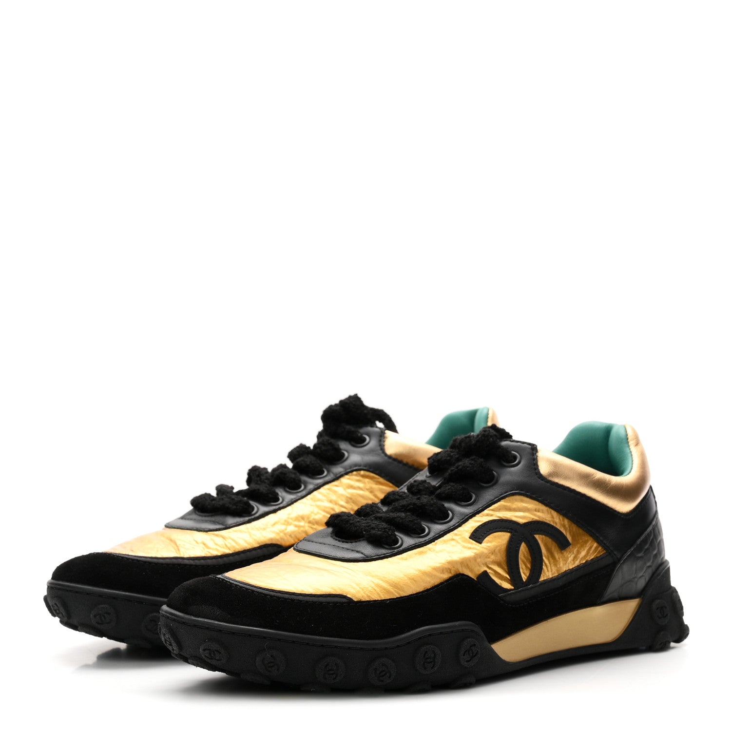 Chanel Metallic Fabric Calfskin Suede Crocodile Embossed CC Sneakers 38.5 Black Gold 4 of 10