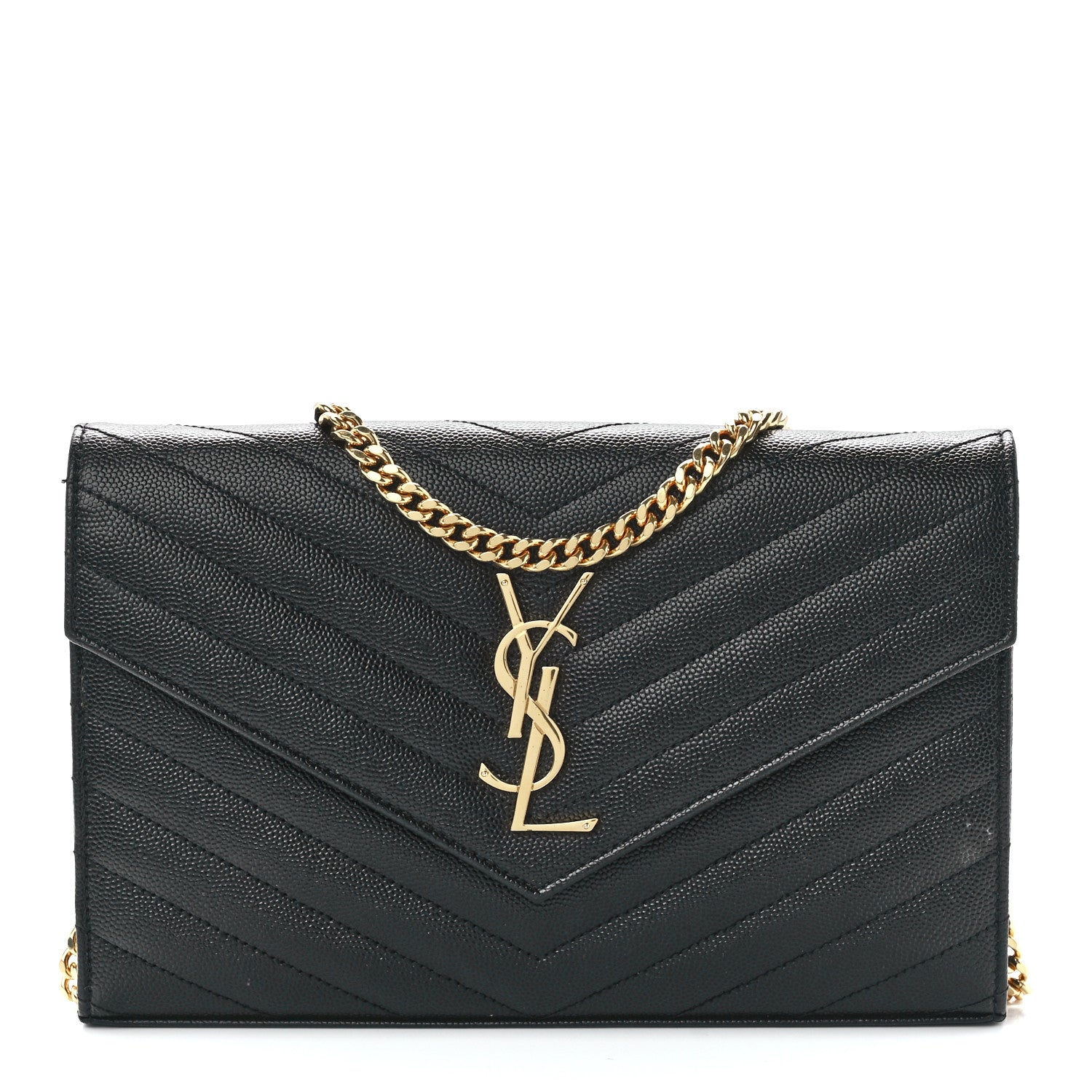 Saint Laurent Grain De Poudre Matelasse Chevron Monogram Chain Wallet Black 1 of 11