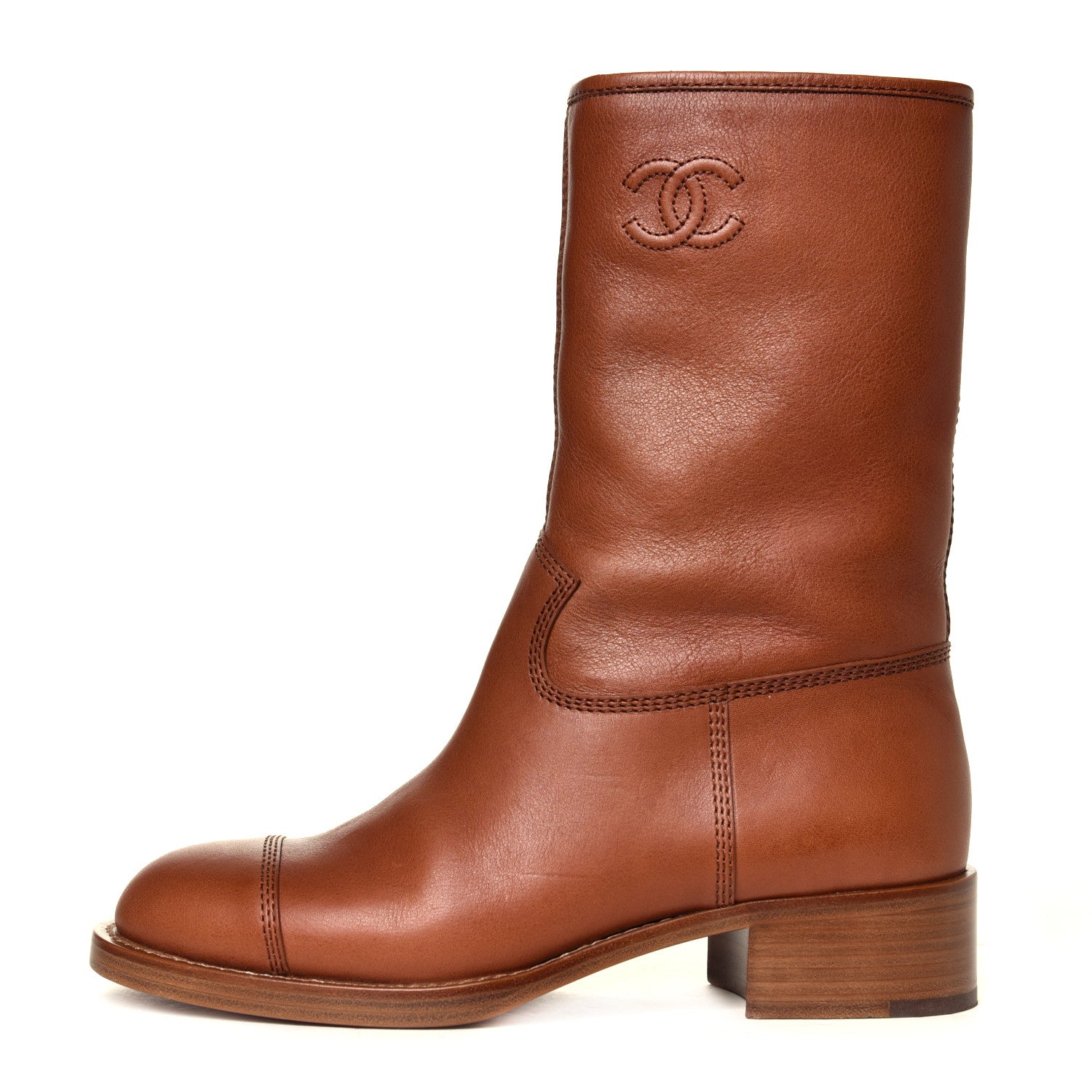 Chanel Calfskin Quilted CC Logo Mid Calf Boots 38 Caramel 1 of 7