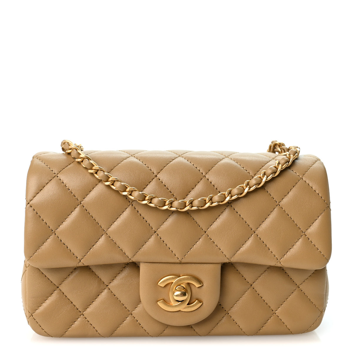 Lambskin Quilted Mini Rectangular Pearl Crush Flap Beige