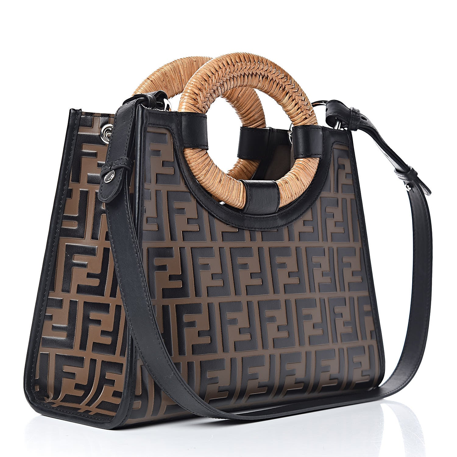 Fendi Vitello Century Wicker Bi-Color FF 1974 Embossed Small Runaway Shopper Tote Maya Black 3 of 11