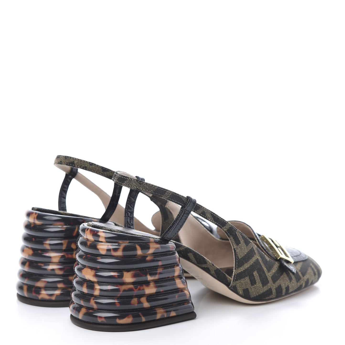 Jacquard Calfskin FF Tortoise Promenade Slingback Loafer Pumps 38.5 Tobacco