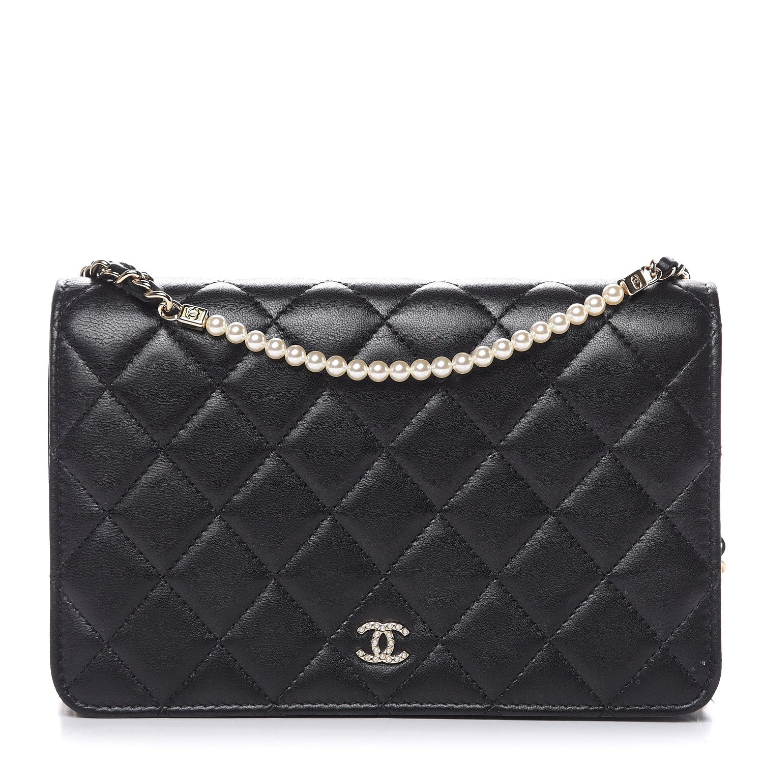 Chanel Lambskin Quilted Pearl Wallet On Chain WOC Black 1 of 14