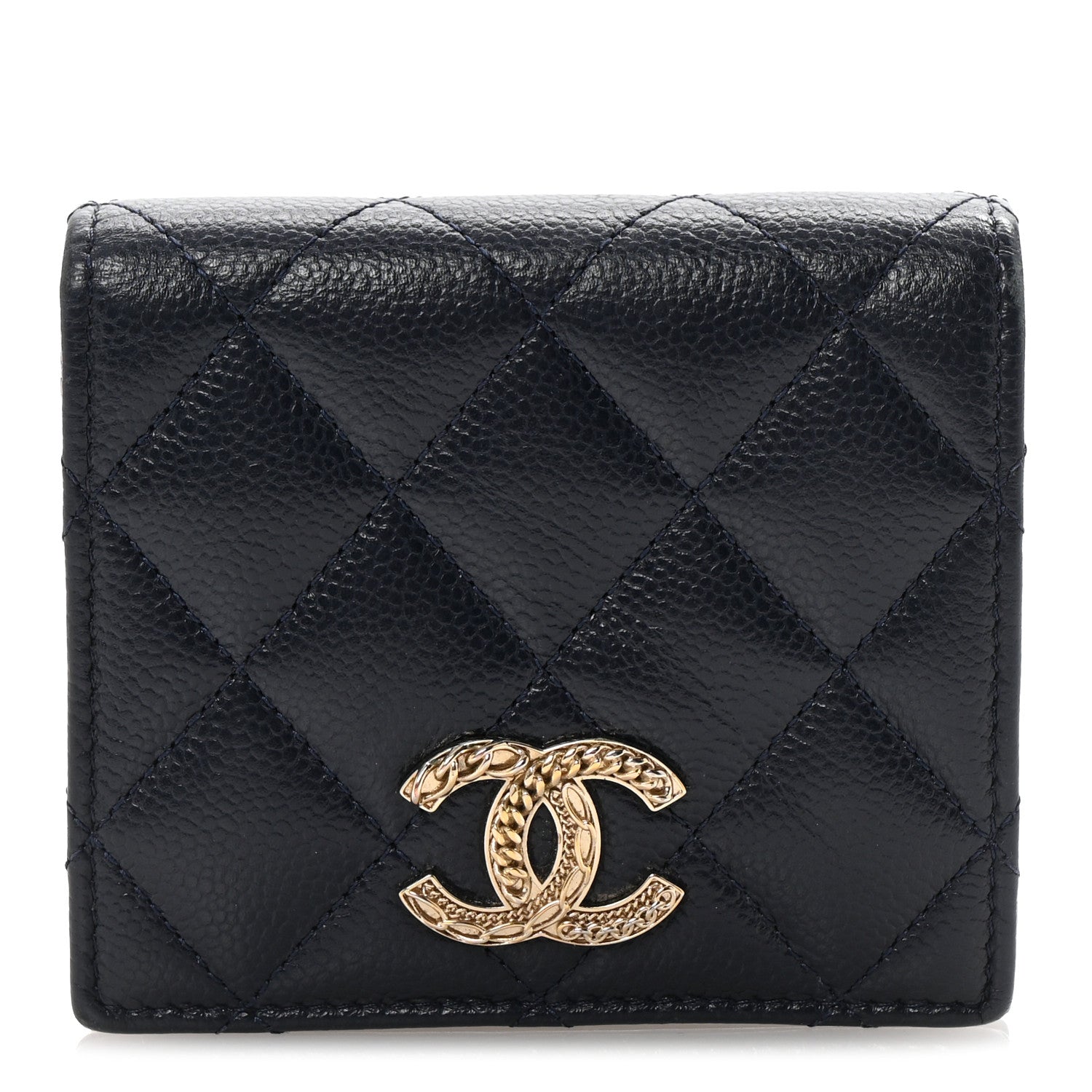 Chanel Caviar Quilted Multi Chain CC Compact Bifold Wallet Navy 1 of 9