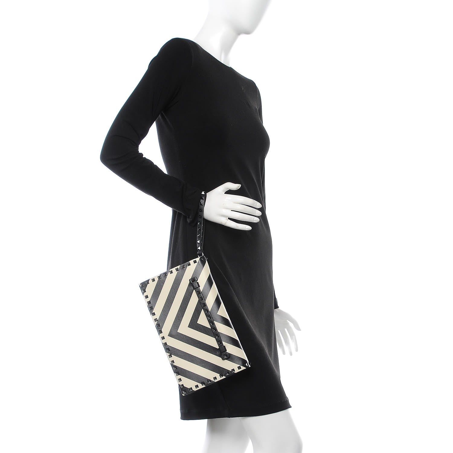 Valentino Garavani Nappa Chevron Striped Rockstud Wristlet Clutch Light Ivory Black 2 of 6