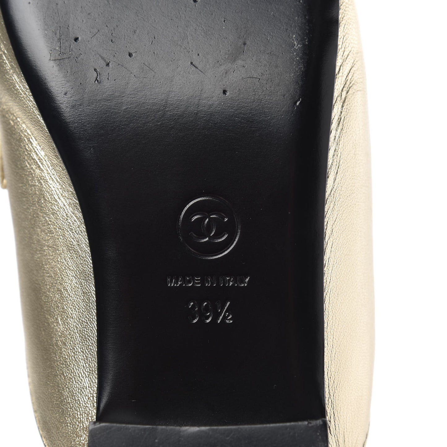 Metallic Lambskin Chain Braided Mules 39.5 Light Gold