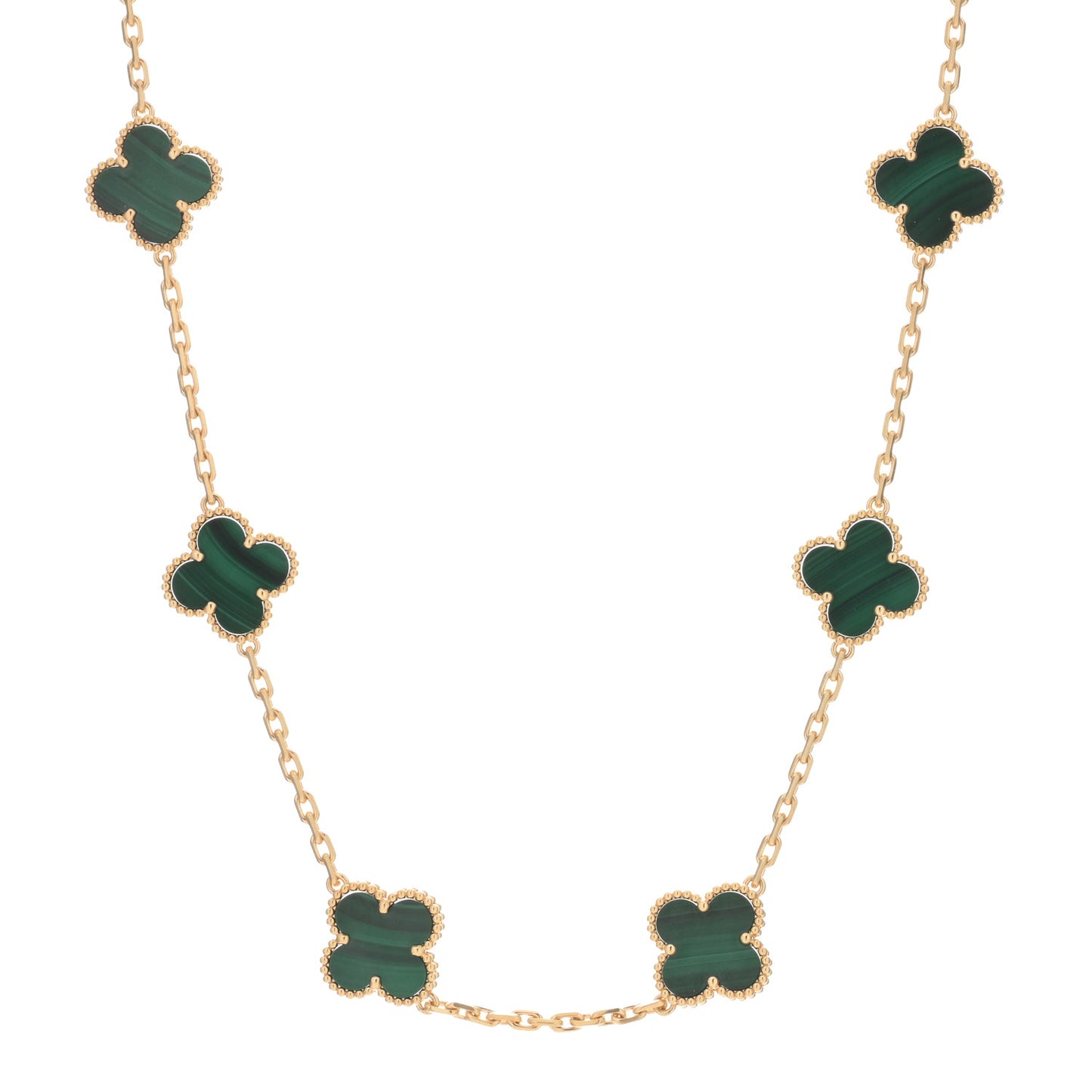 18K Yellow Gold Malachite 10 Motifs Vintage Alhambra Necklace