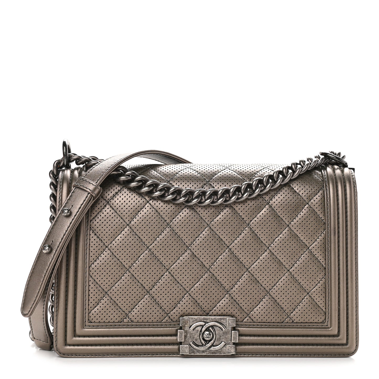 Metallic Lambskin Perforated New Medium Boy Flap Dark Silver