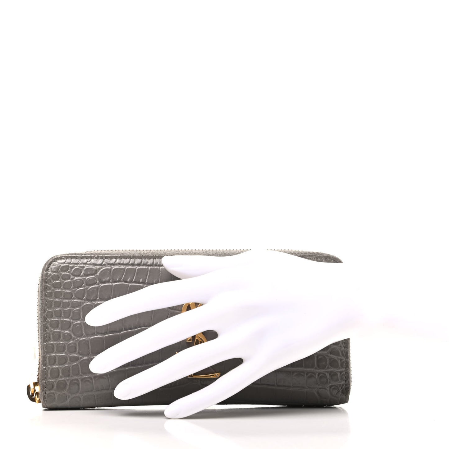 Calfskin Crocodile Embossed Monogram Zip Around Wallet Gray