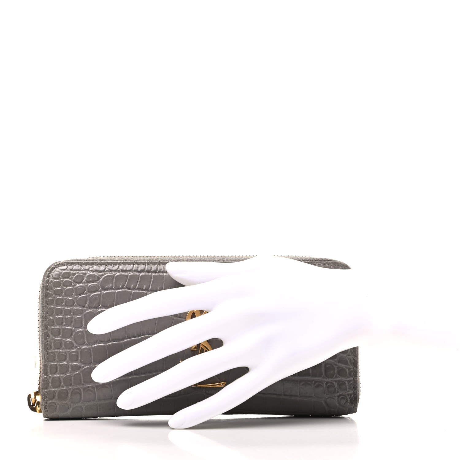 Saint Laurent Calfskin Crocodile Embossed Monogram Zip Around Wallet Gray 2 of 8