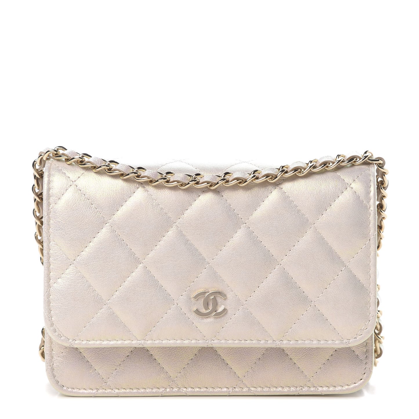 Iridescent Lambskin Quilted Mini Wallet On Chain WOC Ivory