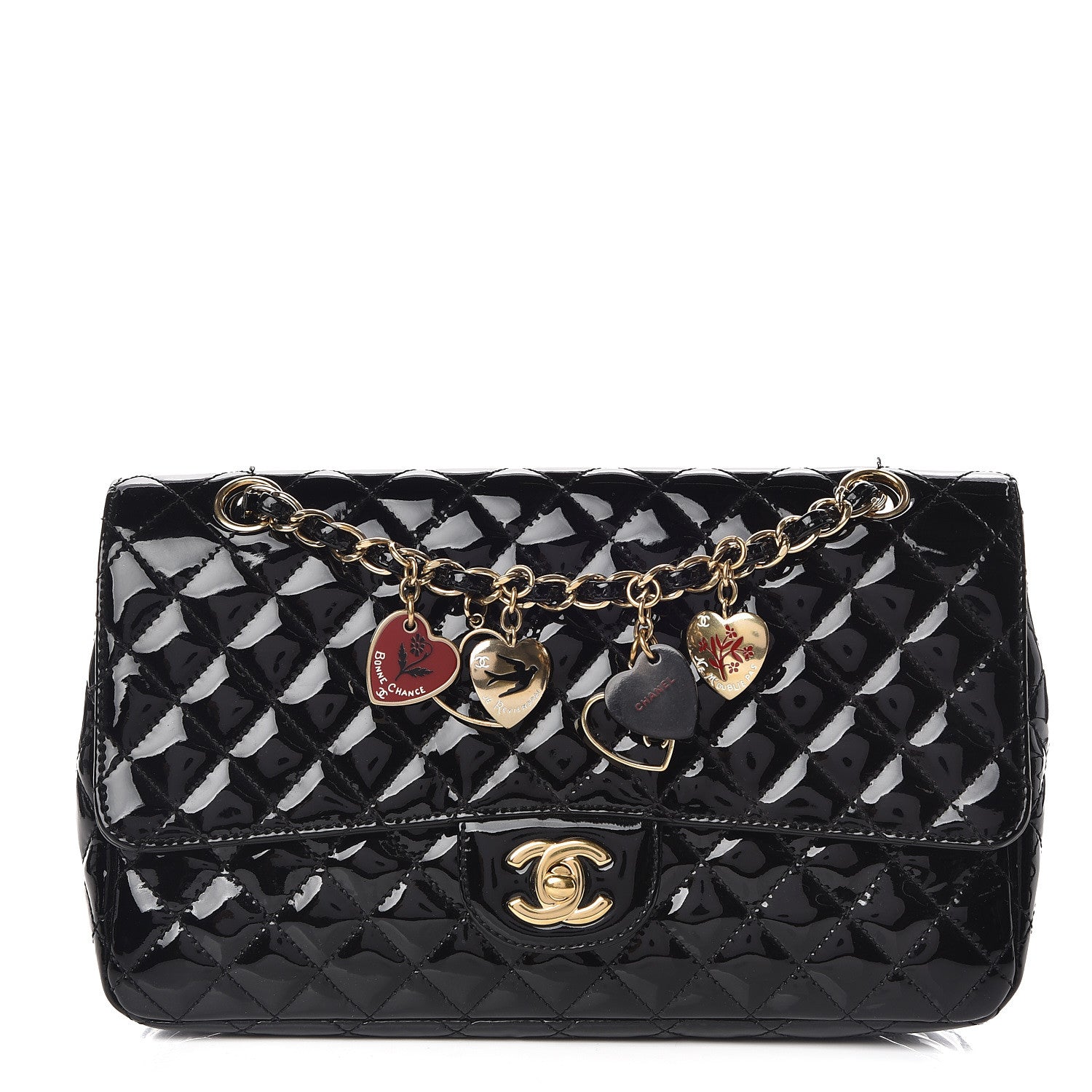 Chanel Patent Calfskin Quilted Valentine Charms Medium Single Flap Black 1 of 11