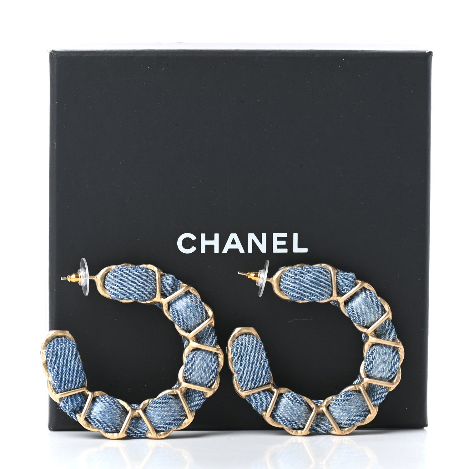 Chanel Denim CC Chain Hoop Earrings Gold Blue 6 of 6