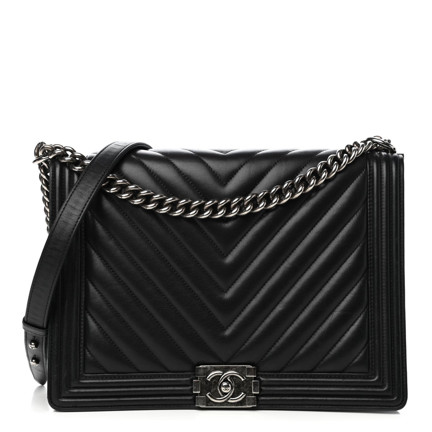 Calfskin Chevron Quilted Large Boy Flap Black