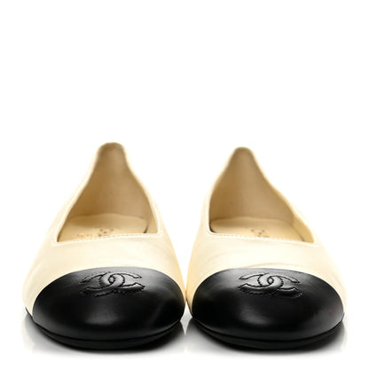 Chanel Lambskin Cap Toe CC Uniform Ballerina Flats 38 Beige Black 3 of 9