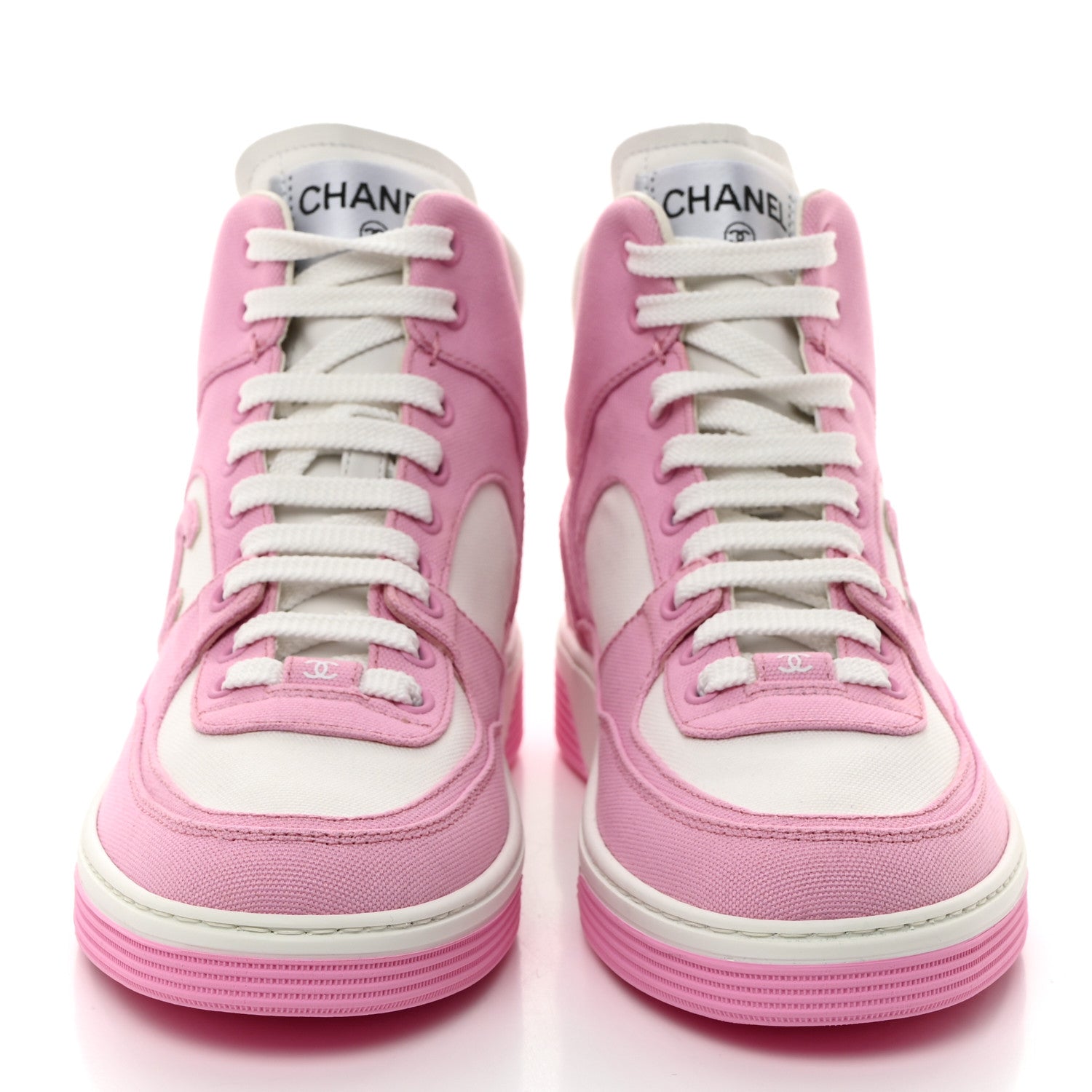 Chanel Canvas High Top Sneakers 38 Pink White 2 of 9