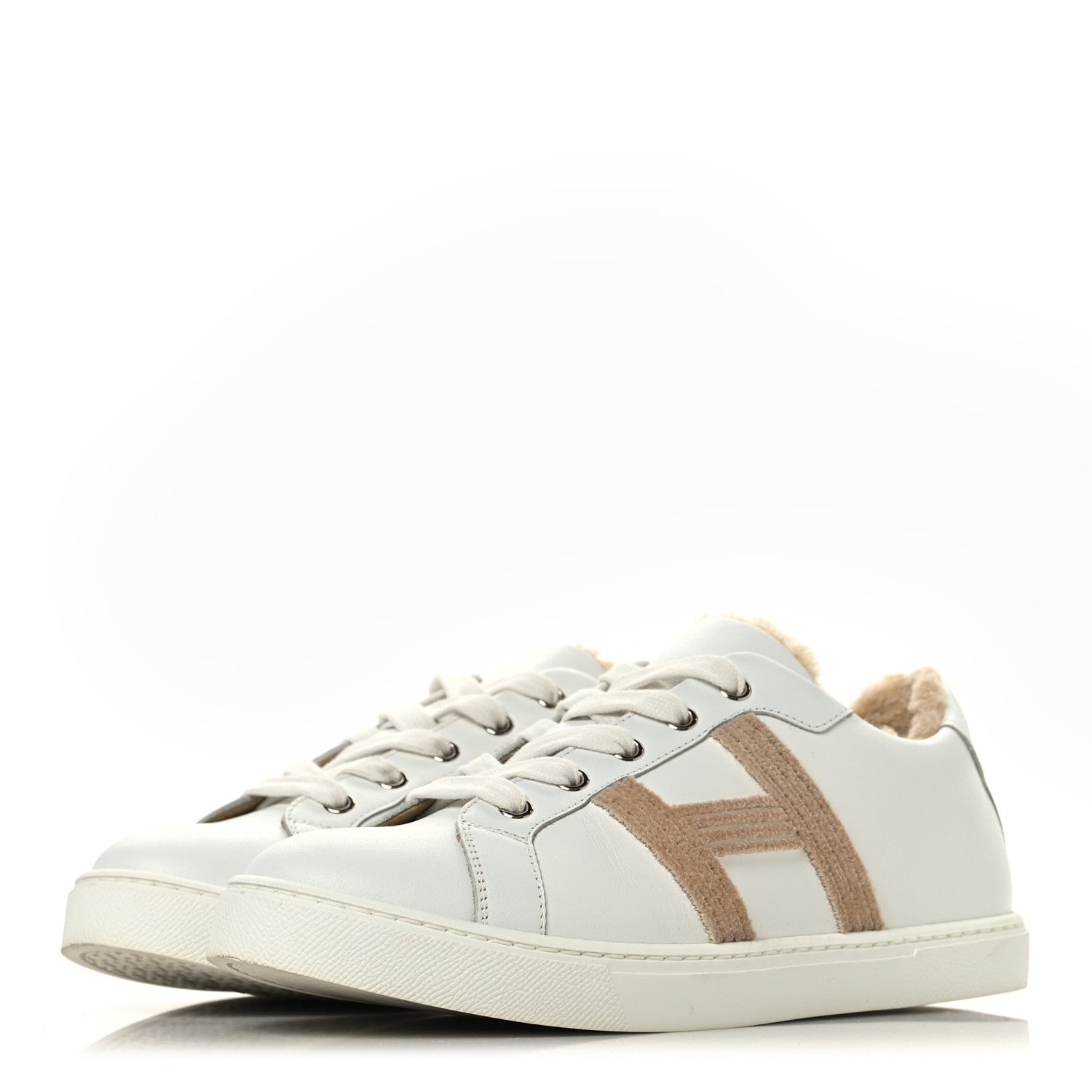 Hermes Calfskin Shearling Womens Avantage Sneakers 37.5 White Ecru 3 of 10