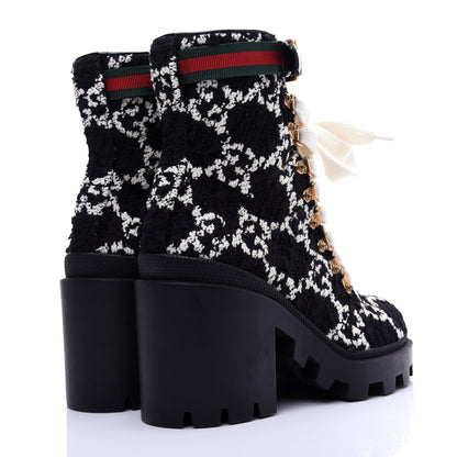Gucci Tweed GG Monogram Lace Up Combat Ankle Boots 35 Black 3 of 15