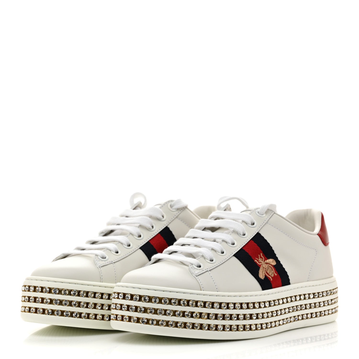 Gucci Calfskin Crystal Web Bee Embroidered Womens Ace Platform