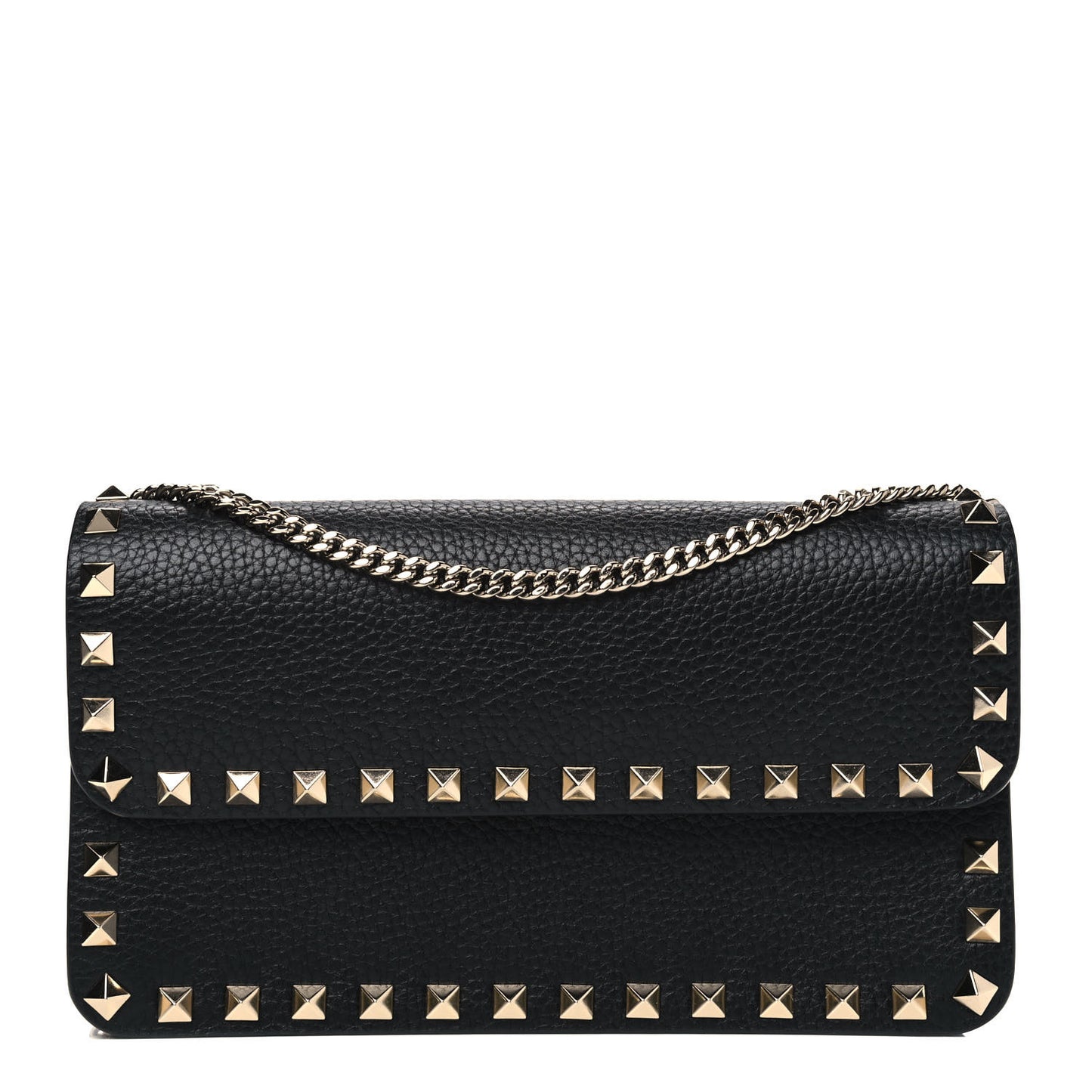 Pebbled Calfskin Rockstud Flap Wallet On Chain Black